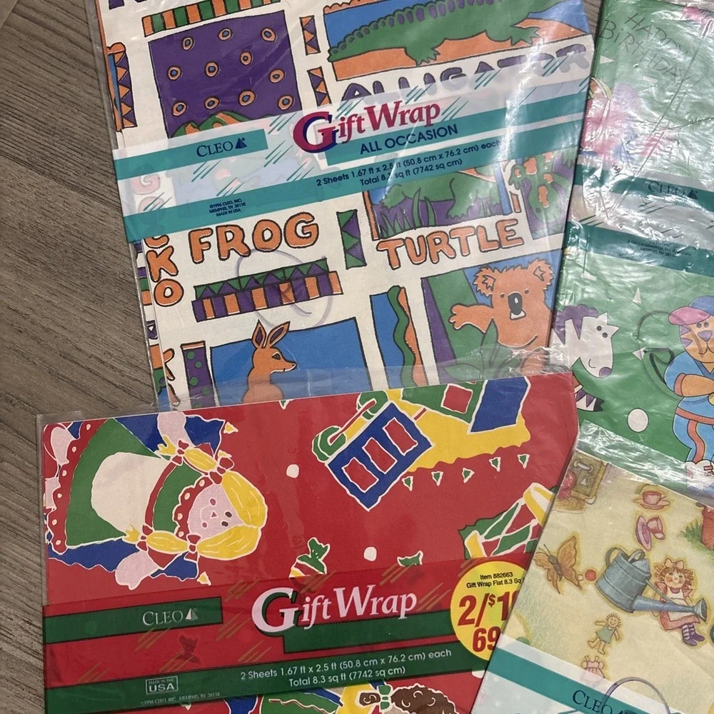 Lot of Vintage Gift wrapping paper Kids, Christmas, Girls, Boys, Toys, Dinosaurs